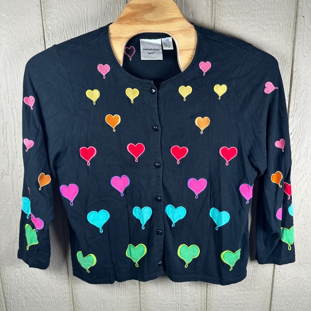 Michael Simon Light Cardigan Size 0X Black Heart Embroidered Button Front Cotton